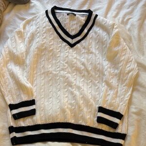 Oversized White Cable Knit Sweater with Black Trim